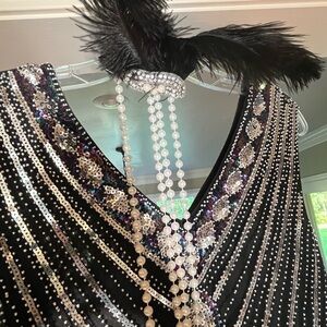 Gatsby inspired Art Deco Fringed Sequin Dress with accessories